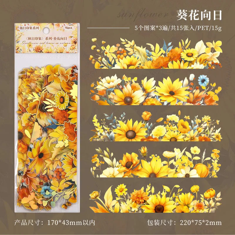 15 Pcs Autumn Maple Leafs Nature Series Retro Journal Stickers Scrapbooking PET Sticker Set Journaling Material DIY Crafts