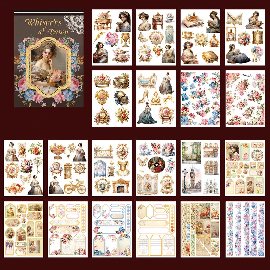 20Sheets Vintage Sticker Book Halloween Christmas Girls Flowers PET Washi Stickers for Scrapbooking Journal Diary Decoration