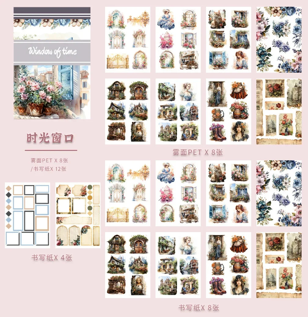 20Sheets Vintage Sticker Book Halloween Christmas Girls Flowers PET Washi Stickers for Scrapbooking Journal Diary Decoration