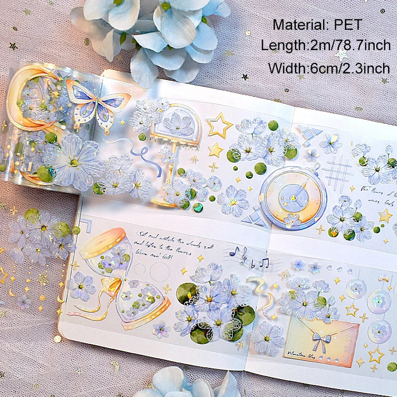 2m/Roll Flower Washi PET Tape Stickers Transparent Decorative Masking Tape for Scrapbooking Journaling Diary Supplies DIY Craft