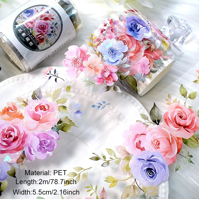 2m/Roll Flower Washi PET Tape Stickers Transparent Decorative Masking Tape for Scrapbooking Journaling Diary Supplies DIY Craft