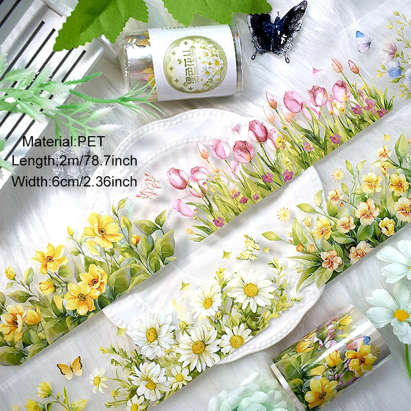 2m/Roll Flower Washi PET Tape Stickers Transparent Decorative Masking Tape for Scrapbooking Journaling Diary Supplies DIY Craft