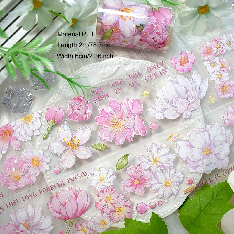 2m/Roll Flower Washi PET Tape Transparent Journaling Scrapbooking Materials DIY Diary Decoration Floral Plant Aesthetic Stickers