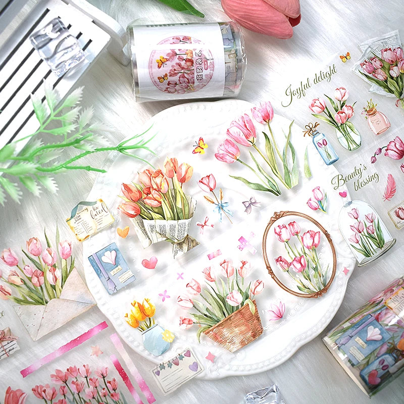 2m/Roll Flower Washi PET Tape Transparent Journaling Scrapbooking Materials DIY Diary Decoration Floral Plant Aesthetic Stickers