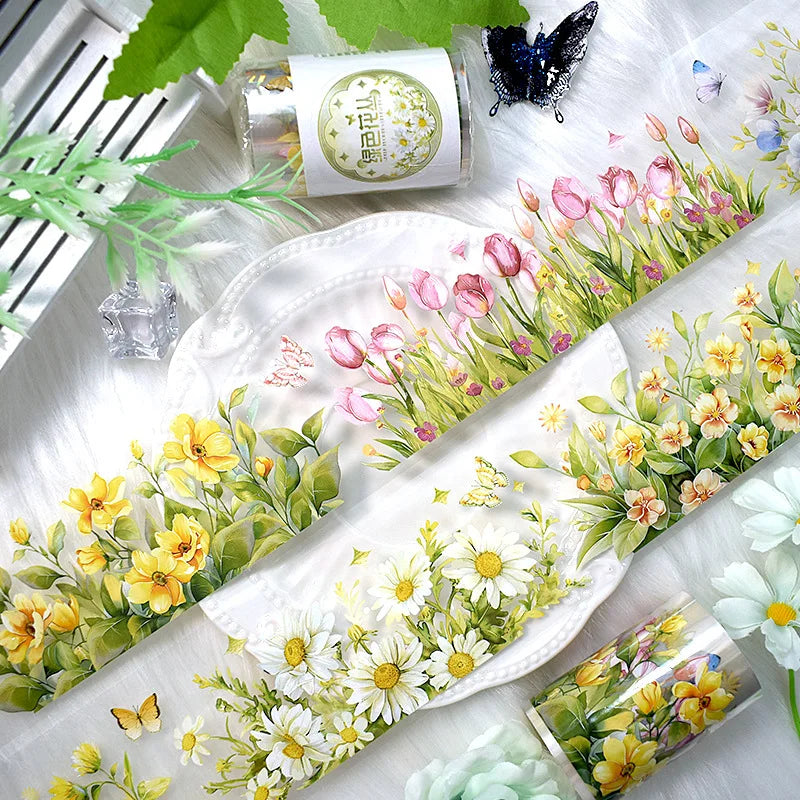 2m/Roll PET Tapes for Journaling Vintage Flowers Scrapbooking Stickers Plants DIY Diary Decoration PET Masking Tape