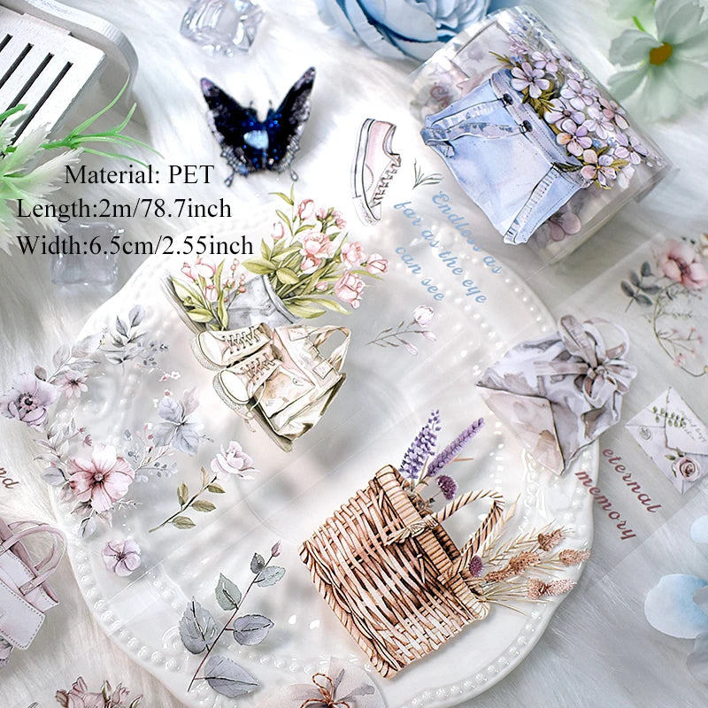 2m/Roll PET Tapes for Journaling Vintage Flowers Scrapbooking Stickers Plants DIY Diary Decoration PET Masking Tape