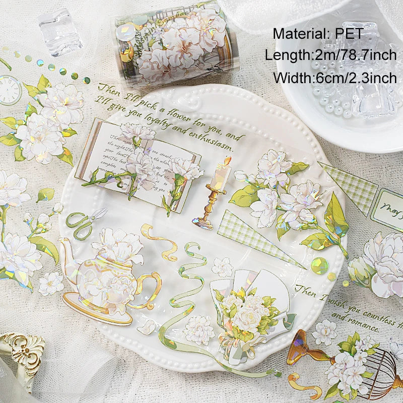 2m/Roll PET Tapes for Journaling Vintage Flowers Scrapbooking Stickers Plants DIY Diary Decoration PET Masking Tape