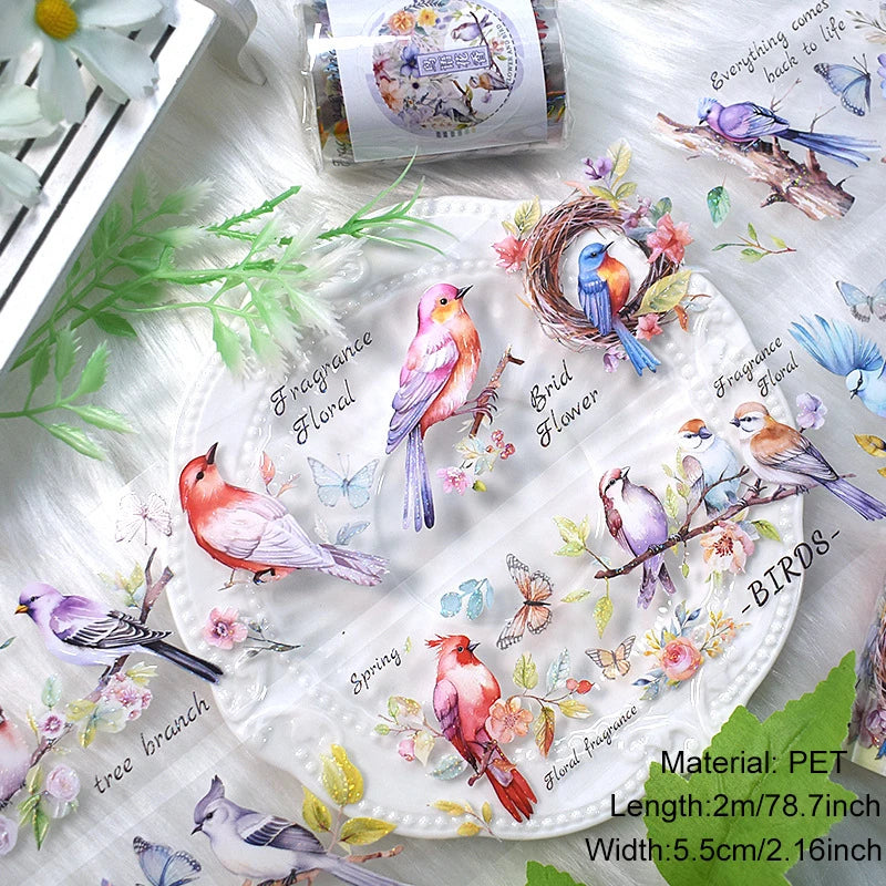 2m/Roll PET Tapes for Journaling Vintage Flowers Scrapbooking Stickers Plants DIY Diary Decoration PET Masking Tape