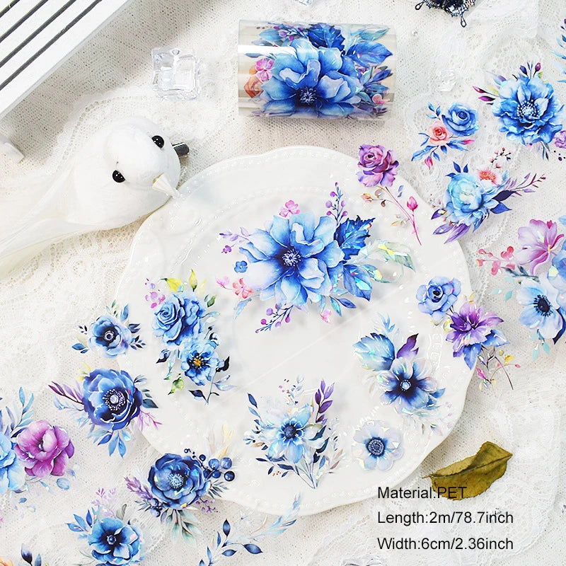 2m/Roll PET Tapes for Journaling Vintage Flowers Scrapbooking Stickers Plants DIY Diary Decoration PET Masking Tape