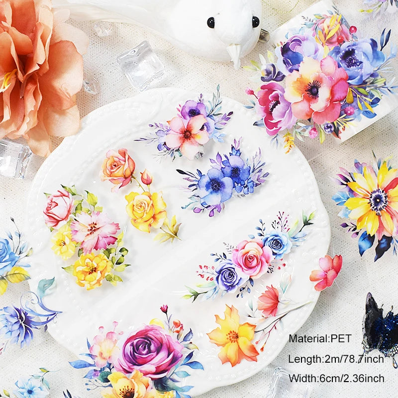 2m/Roll PET Tapes for Journaling Vintage Flowers Scrapbooking Stickers Plants DIY Diary Decoration PET Masking Tape