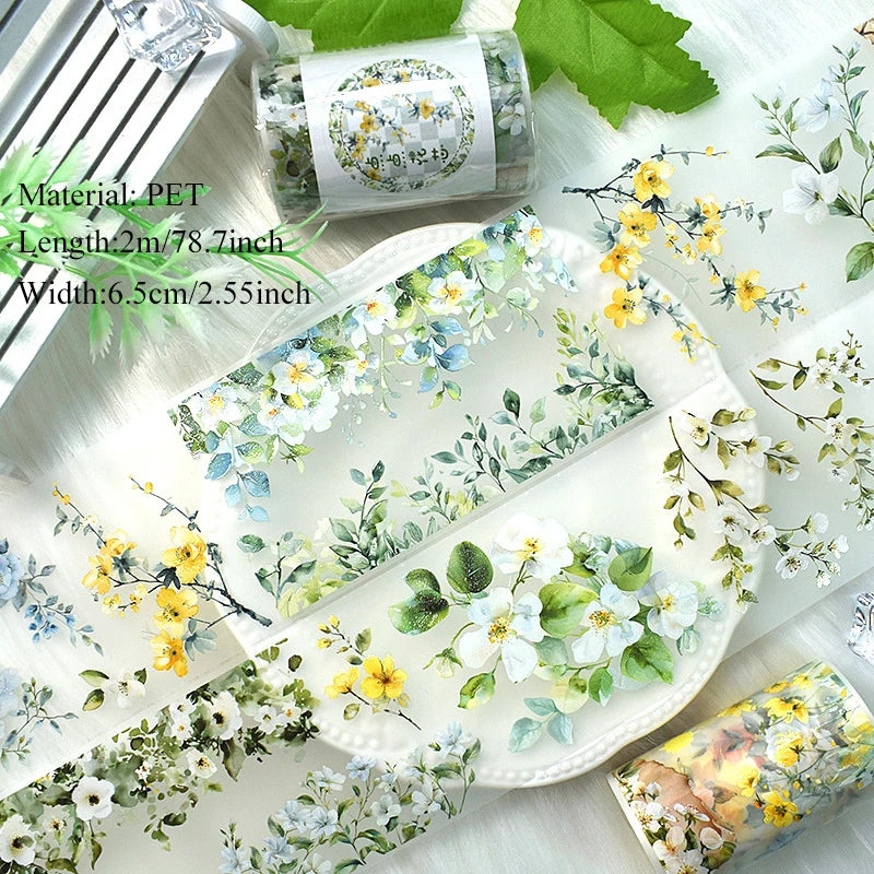 2m/Roll PET Tapes for Journaling Vintage Flowers Scrapbooking Stickers Plants DIY Diary Decoration PET Masking Tape