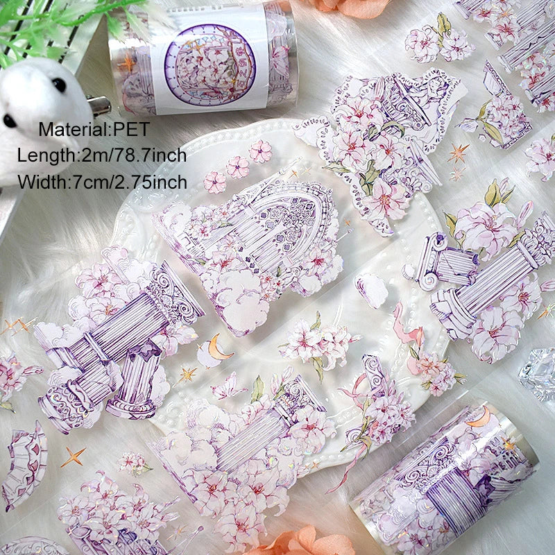 2m/Roll PET Tapes for Journaling Vintage Flowers Scrapbooking Stickers Plants DIY Diary Decoration PET Masking Tape