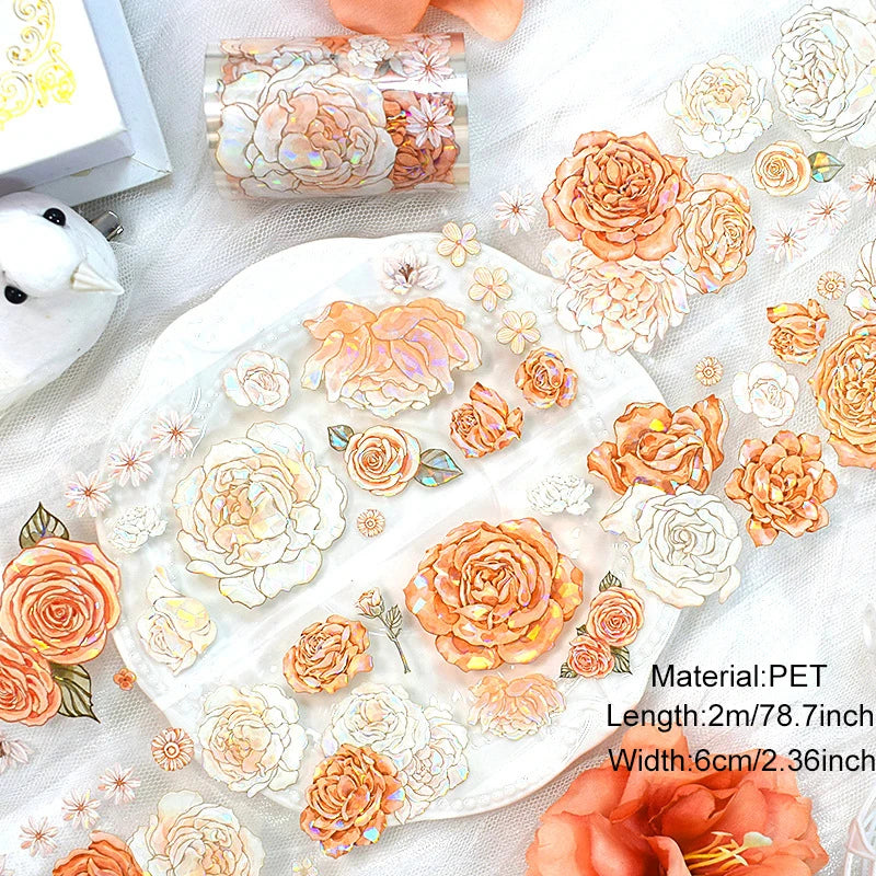 2m/Roll PET Tapes for Journaling Vintage Flowers Scrapbooking Stickers Plants DIY Diary Decoration PET Masking Tape