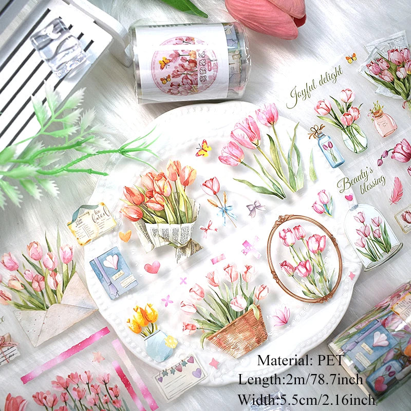 2m/Roll PET Tapes for Journaling Vintage Flowers Scrapbooking Stickers Plants DIY Diary Decoration PET Masking Tape