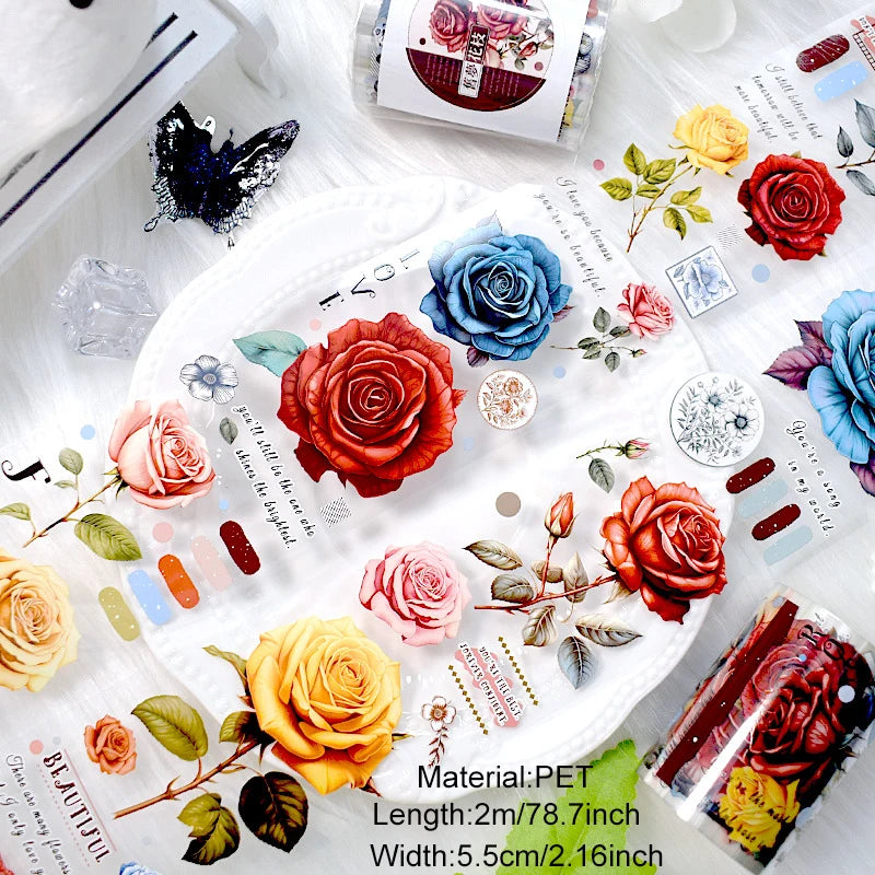 2m/Roll PET Tapes for Journaling Vintage Flowers Scrapbooking Stickers Plants DIY Diary Decoration PET Masking Tape