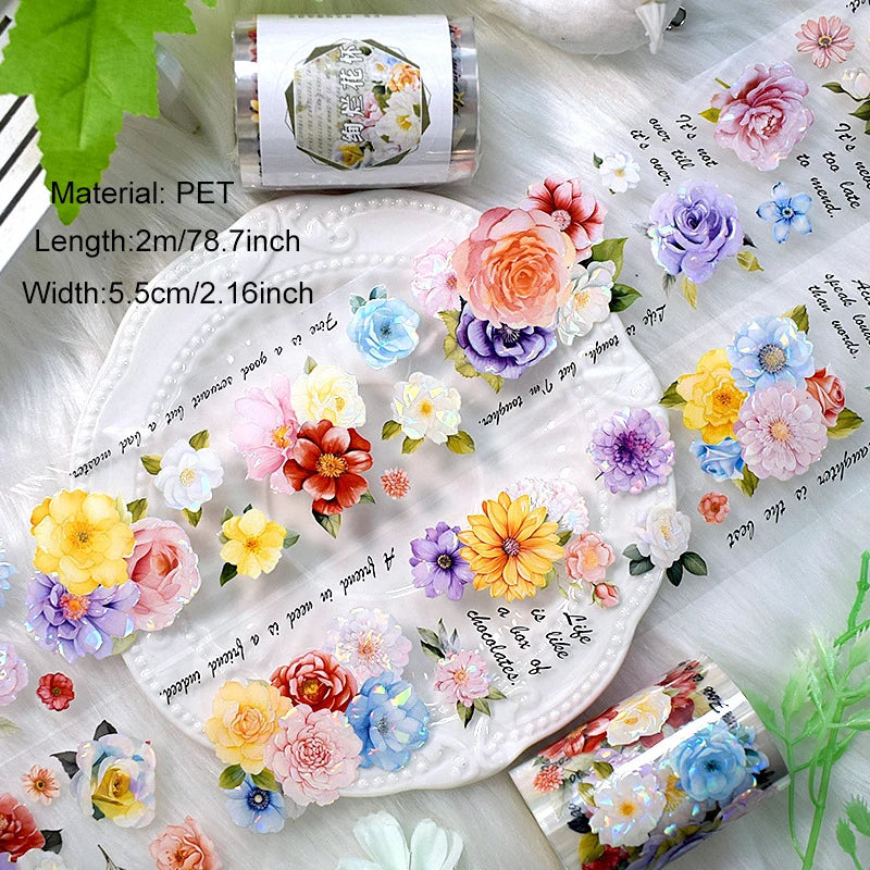 2m/Roll PET Tapes for Journaling Vintage Flowers Scrapbooking Stickers Plants DIY Diary Decoration PET Masking Tape