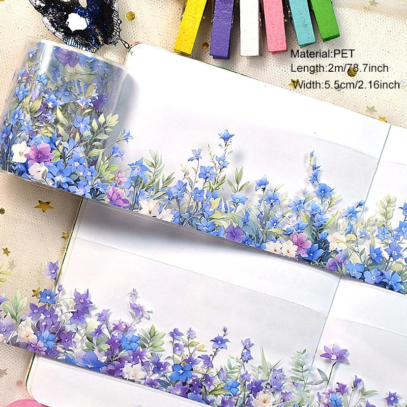 2m/Roll PET Tapes for Journaling Vintage Flowers Scrapbooking Stickers Plants DIY Diary Decoration PET Masking Tape