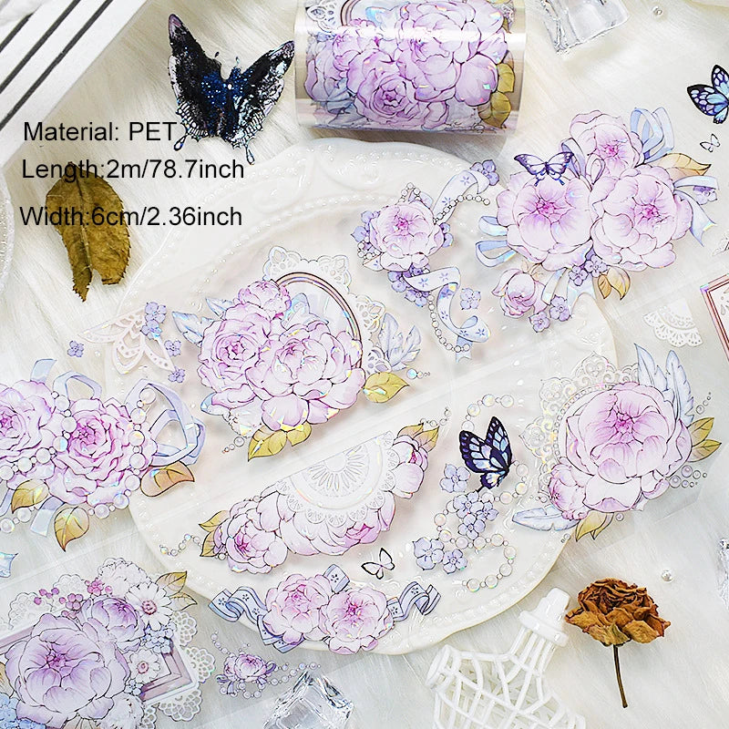 2m/Roll PET Tapes for Journaling Vintage Flowers Scrapbooking Stickers Plants DIY Diary Decoration PET Masking Tape