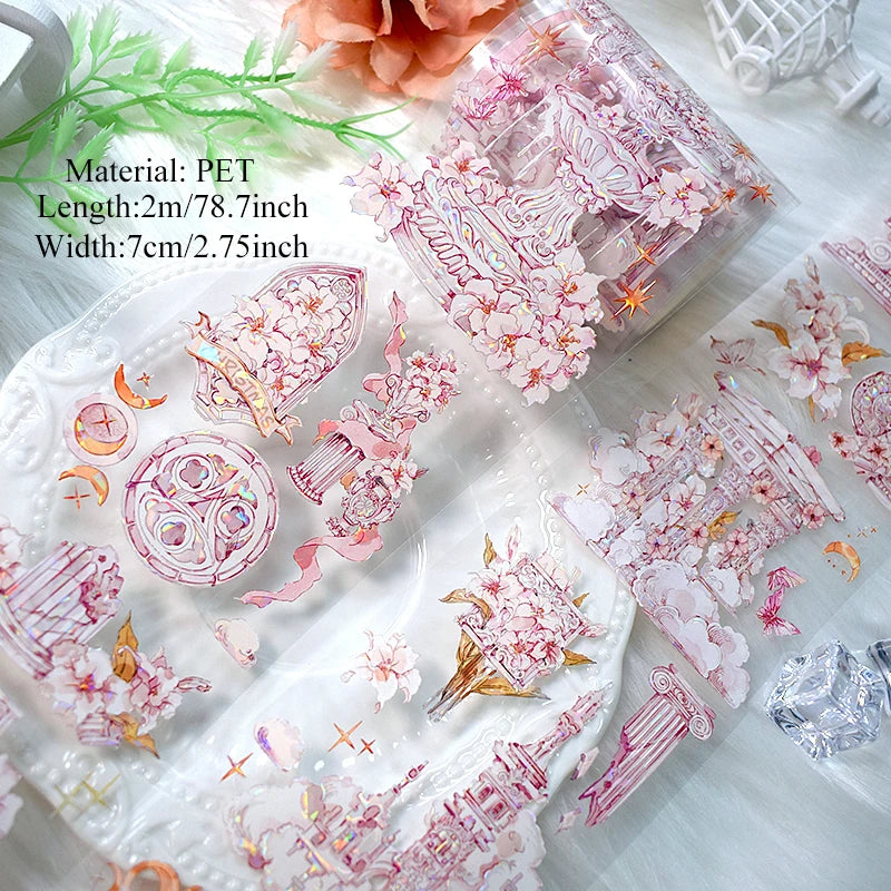 2m/Roll PET Tapes for Journaling Vintage Flowers Scrapbooking Stickers Plants DIY Diary Decoration PET Masking Tape