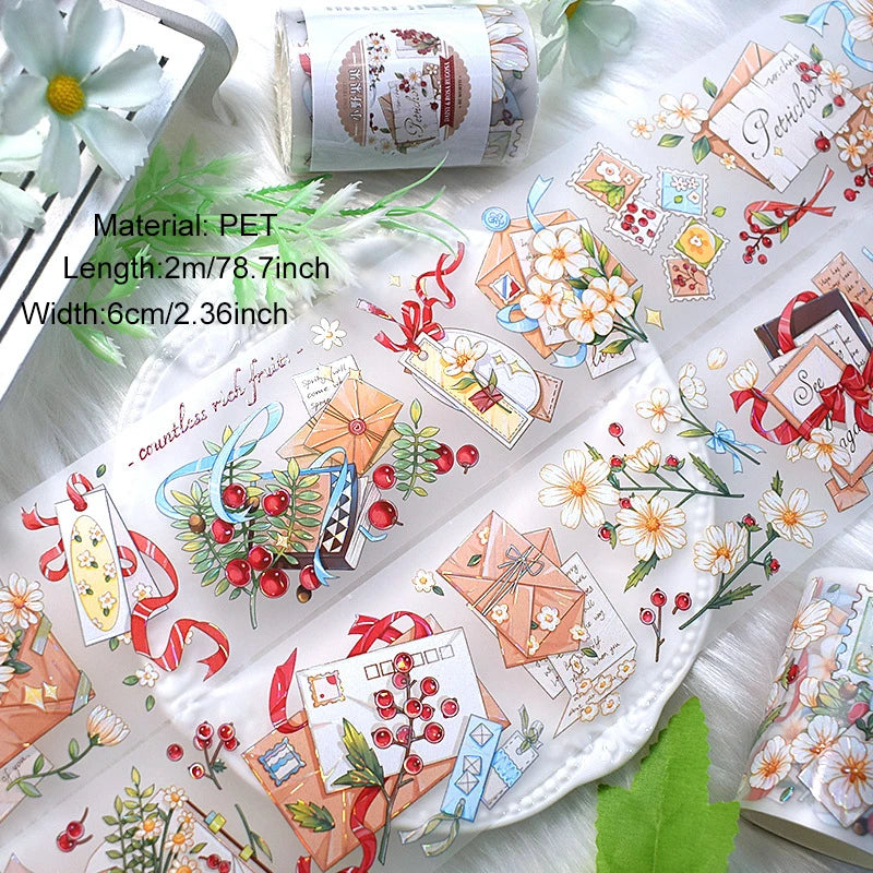 2m/Roll PET Tapes for Journaling Vintage Flowers Scrapbooking Stickers Plants DIY Diary Decoration PET Masking Tape