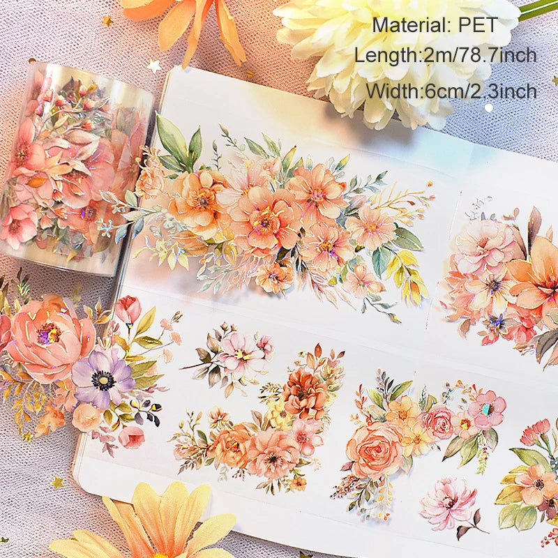 2m/Roll PET Tapes for Journaling Vintage Flowers Scrapbooking Stickers Plants DIY Diary Decoration PET Masking Tape