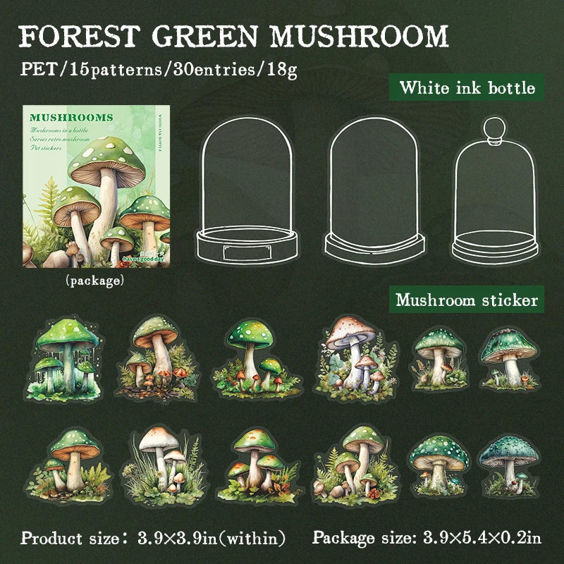 30 pcs Vintage INS thicket mushrooms Stickers Decorative Stick Labels Diary Album Adhesive Diy Scrapbooking material