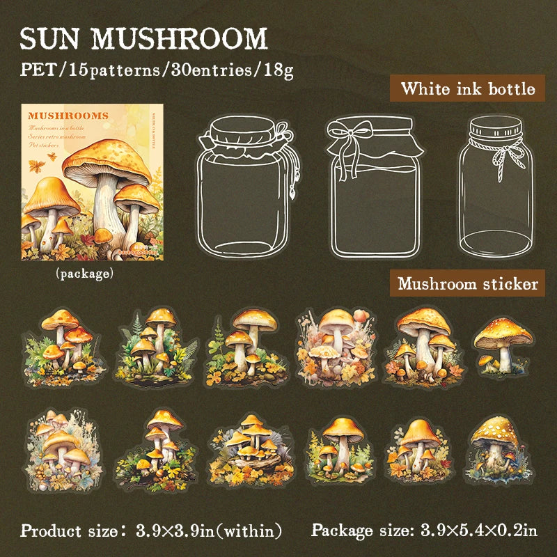 30 pcs Vintage INS thicket mushrooms Stickers Decorative Stick Labels Diary Album Adhesive Diy Scrapbooking material