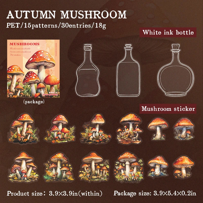 30 pcs Vintage INS thicket mushrooms Stickers Decorative Stick Labels Diary Album Adhesive Diy Scrapbooking material