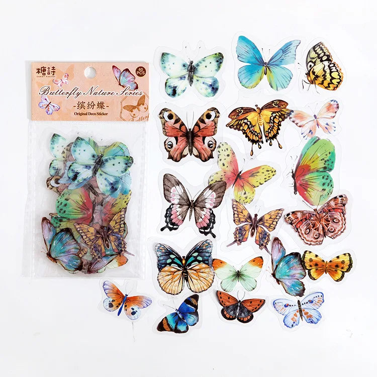 40 pcs/lot Vintage Butterfly PET waterproof sticker Bag Vintage Art decorative hand tent collage Scrapbooking accessories