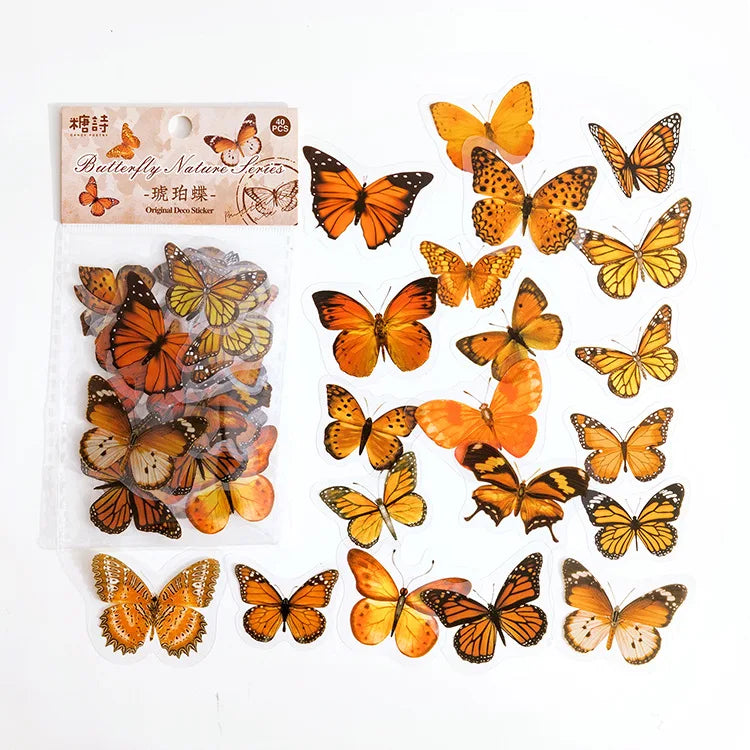 40 pcs/lot Vintage Butterfly PET waterproof sticker Bag Vintage Art decorative hand tent collage Scrapbooking accessories
