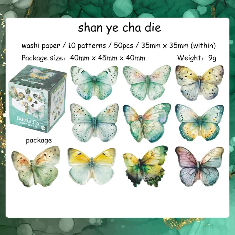 50 Sheets Handmade Butterfly Series Vintage Washi Paper  Sticker Tape Creative DIY Journal Collage Decor Material Stationery