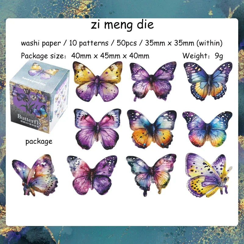 50 Sheets Handmade Butterfly Series Vintage Washi Paper  Sticker Tape Creative DIY Journal Collage Decor Material Stationery