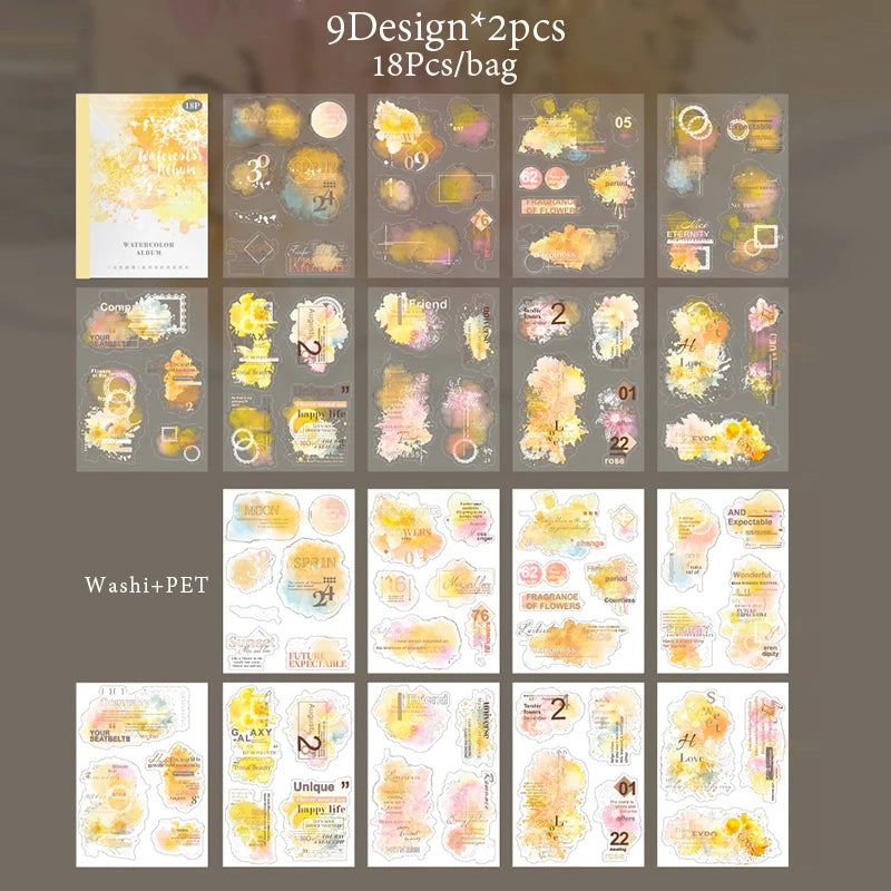6Style 18Pcs/bag Watercolor Book Series Sticker Book Creative Material Decoration DIY Scrapbook Scrapbook Photo Frame Glasses