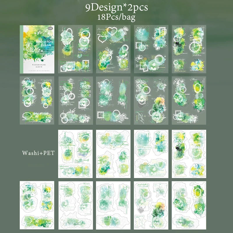 6Style 18Pcs/bag Watercolor Book Series Sticker Book Creative Material Decoration DIY Scrapbook Scrapbook Photo Frame Glasses