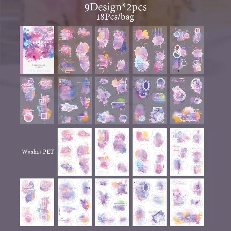 6Style 18Pcs/bag Watercolor Book Series Sticker Book Creative Material Decoration DIY Scrapbook Scrapbook Photo Frame Glasses