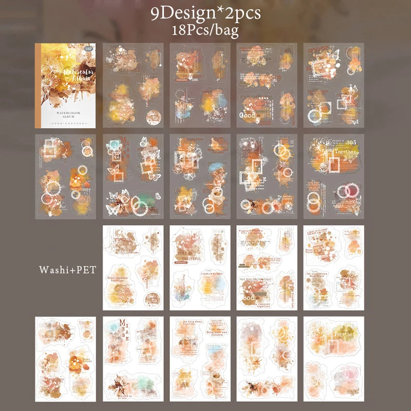 6Style 18Pcs/bag Watercolor Book Series Sticker Book Creative Material Decoration DIY Scrapbook Scrapbook Photo Frame Glasses