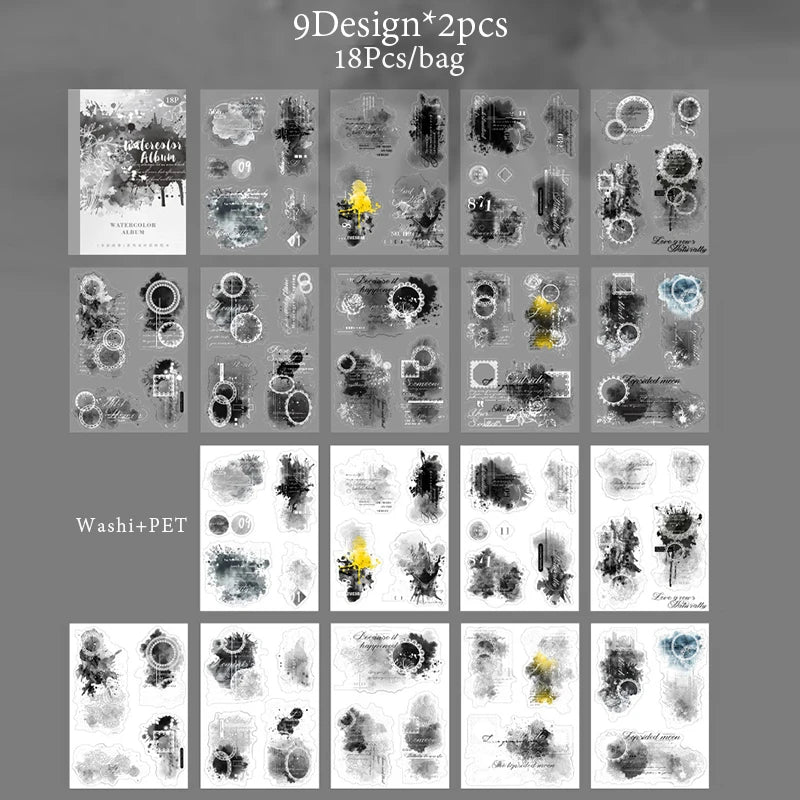 6Style 18Pcs/bag Watercolor Book Series Sticker Book Creative Material Decoration DIY Scrapbook Scrapbook Photo Frame Glasses