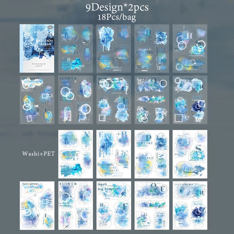 6Style 18Pcs/bag Watercolor Book Series Sticker Book Creative Material Decoration DIY Scrapbook Scrapbook Photo Frame Glasses