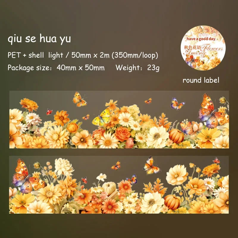 50mm*200cm Gathering Among Flowers Series Vintage Shell Light Material PET Tape Creative DIY Journal Collage Stationery