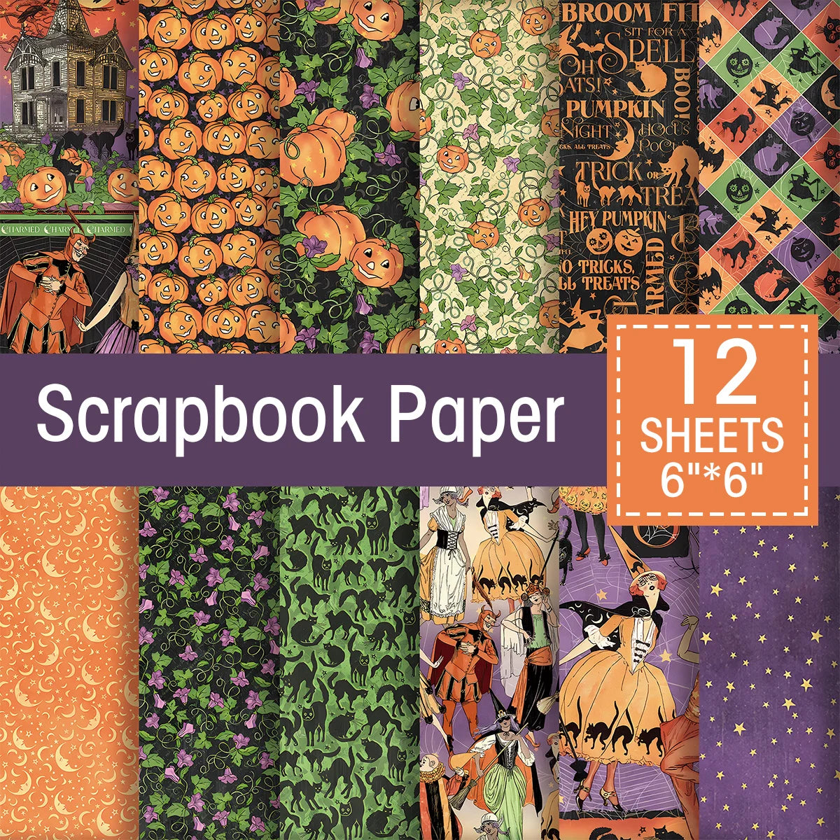 12sheets Retro Vintage Halloween Scrapbook Paper Kit 6Inch Single-Sided Decoupage Paper for Crafts,Journaling,Scrapbook Supplies